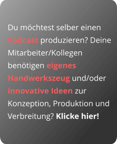 Du möchtest selber einen Podcast produzieren? Deine Mitarbeiter/Kollegen benötigen eigenes Handwerkszeug und/oder innovative Ideen zur Konzeption, Produktion und Verbreitung? Klicke hier!
